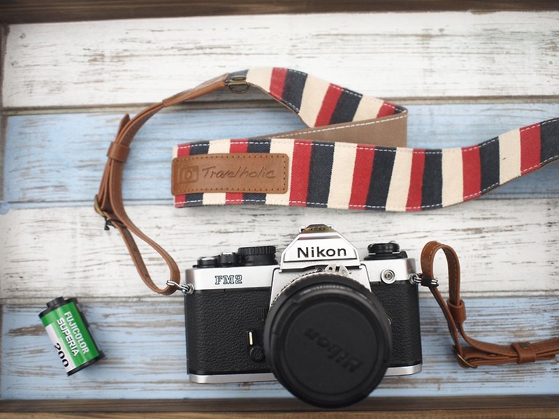 Travelholic Camera Neck Strap (French Stripes) - Cameras - Genuine Leather Red