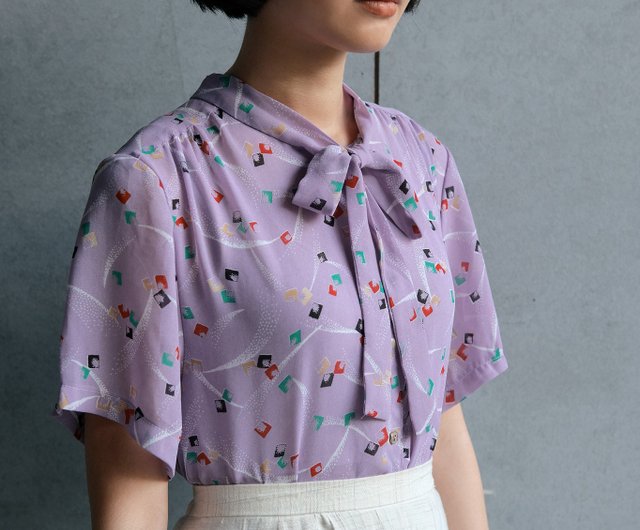 Taro geometric tie short-sleeved vintage shirt - Shop caoqing