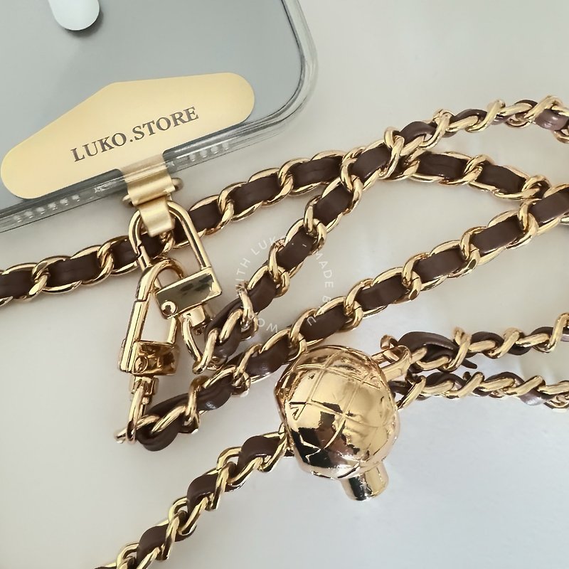 Mobile phone strap | Coffee light gold/apricot powder stitching adjustable metal ball leather back chain without spacers - อุปกรณ์เสริมอื่น ๆ - โลหะ 