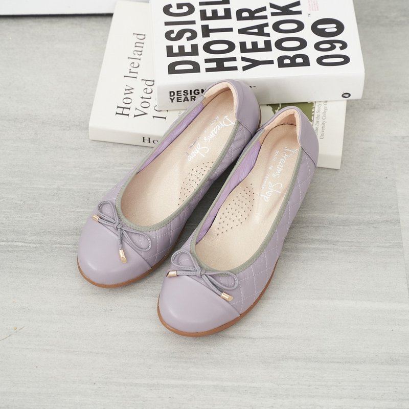 Wide last air cushion_diamond pattern bow elastic band doll shoes taro color - รองเท้าบัลเลต์ - หนังแท้ สีม่วง