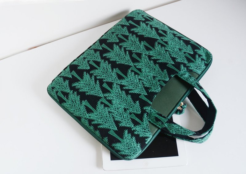 刺繡森林 客制化配色尺寸 手提拉鏈電腦包 防水抗震輕便 皆川明 - 電腦包/筆電包 - 棉．麻 綠色