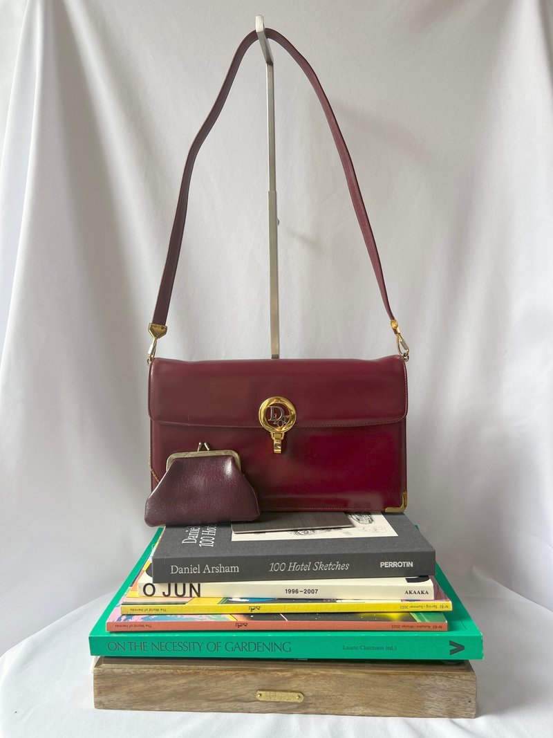 Dior Vintage Box Shoulder Bag rare dark red second-hand side shoulder bag and coin purse - กระเป๋าแมสเซนเจอร์ - หนังแท้ สีแดง