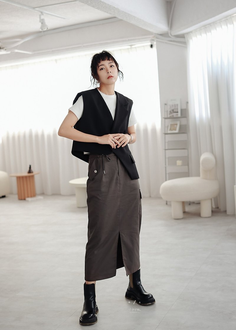 Chisato Kusanagi half-length overalls skirt - 2 colors - gray work - กระโปรง - ผ้าฝ้าย/ผ้าลินิน สีเทา