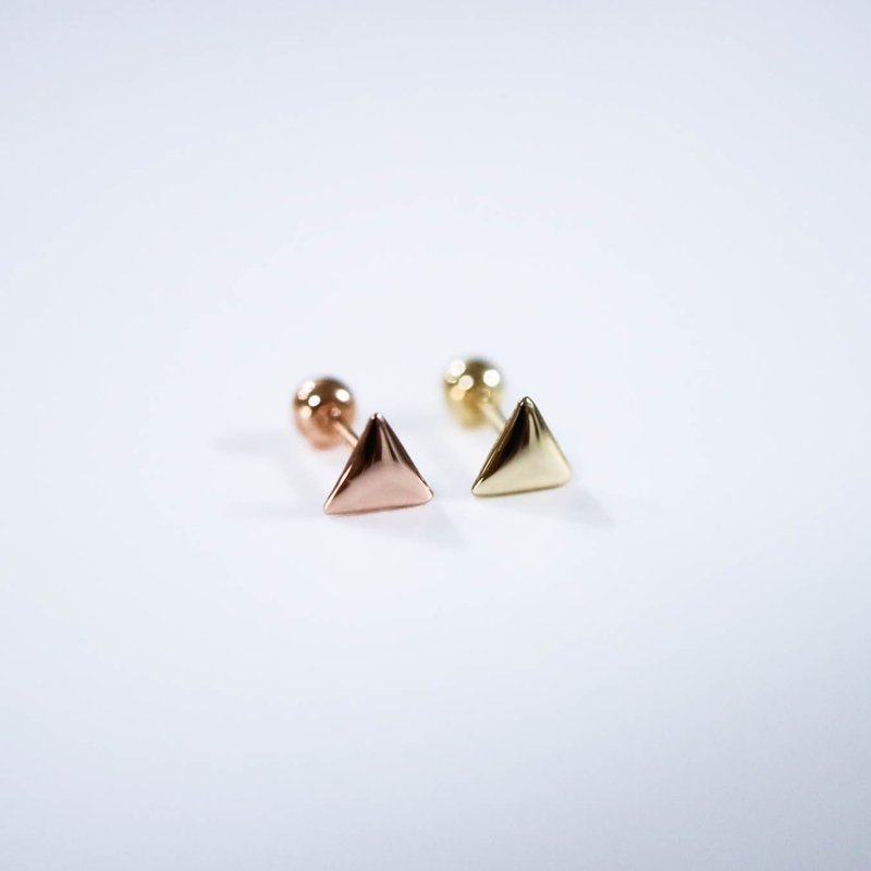 Turn beads 14K yellow gold slightly puffy triangle earrings bead lock earrings - ต่างหู - เครื่องประดับ 