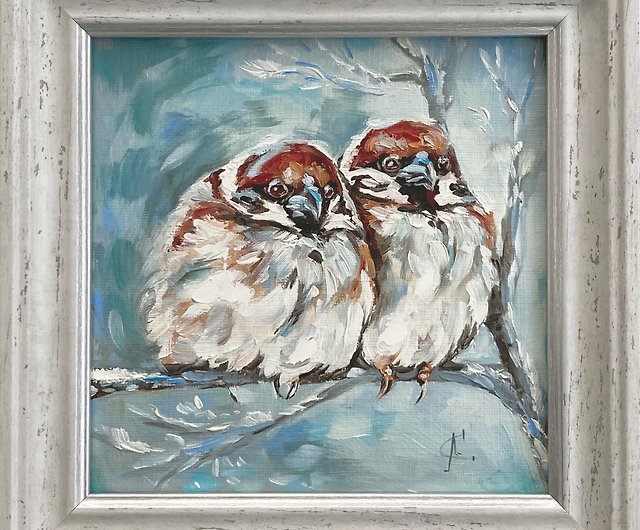 2つの小さなスズメの鳥の油絵鳥のアート額入りの絵小さな絵 - ショップ 