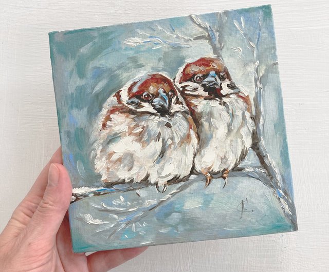 【coco】油絵画 2つの小さなスズメの鳥の油絵鳥のアート額入りの絵小さな絵