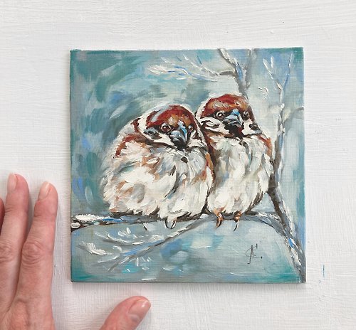2つの小さなスズメの鳥の油絵鳥のアート額入りの絵小さな絵