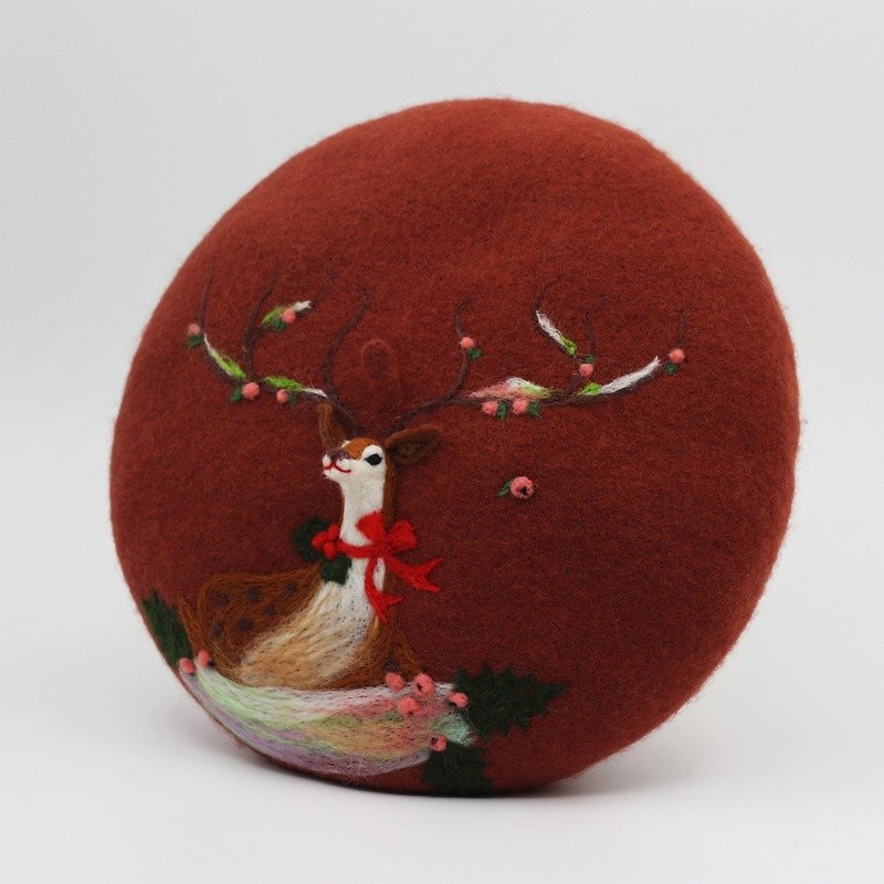 Ke Ren original handmade wool felt beret painter hat needle felt three-dimensional deer Christmas gift-brick red - หมวก - ขนแกะ 