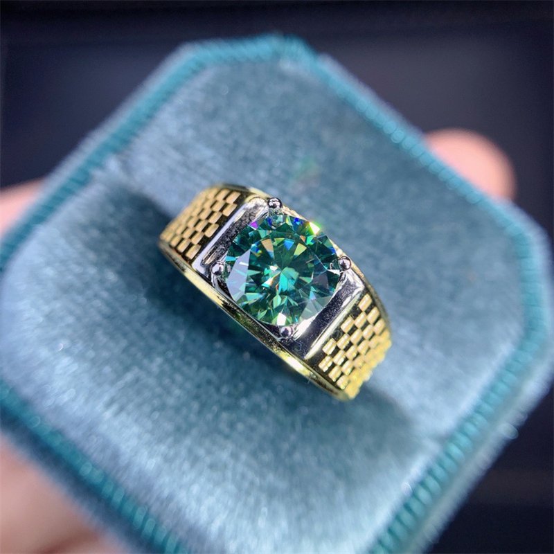 Moissanite Men's Ring, 2 Ct Green Moissanite Ring, Moissanite Silver Ring - 戒指 - 其他金屬 銀色