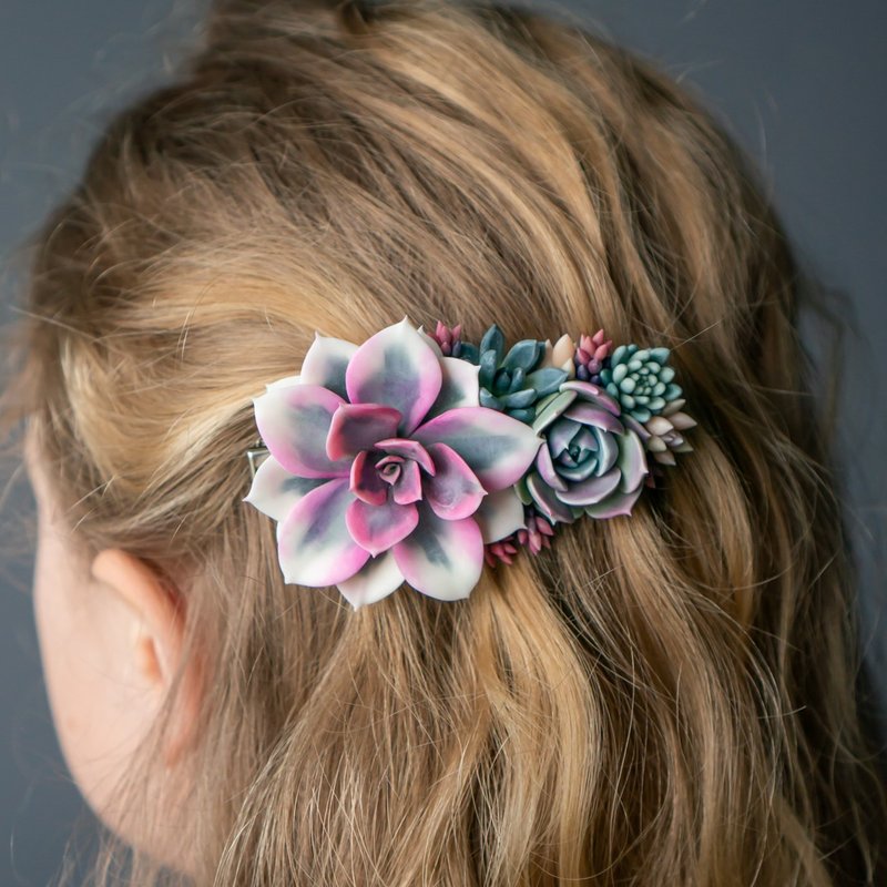 Crocodile hair clip with Echeveria Rainbow - 胸針 - 其他材質 