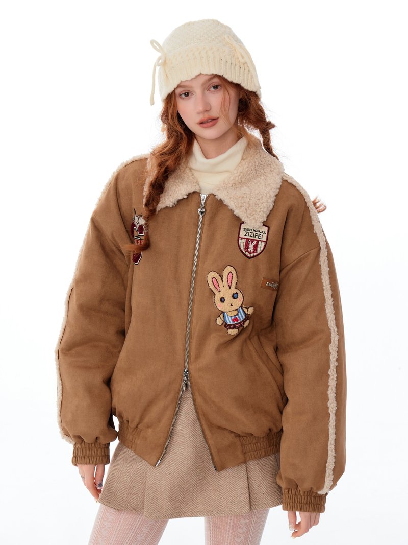 ziziFei autumn and winter new American retro college style thickened cotton short rabbit baseball jacket for women - เสื้อผู้หญิง - วัสดุอื่นๆ 