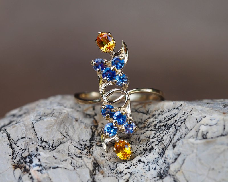 14k gold ring with sapphires and tanzanites - 戒指 - 貴金屬 金色