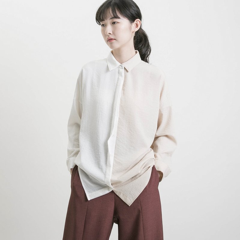 Boundary_界線拼色襯衫_9SF050_白/淺褐 - 女襯衫 - 棉．麻 白色