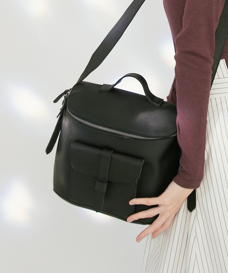 Open smile design leather tubular medium shoulder bag - carbon black - Messenger Bags & Sling Bags - Genuine Leather Black