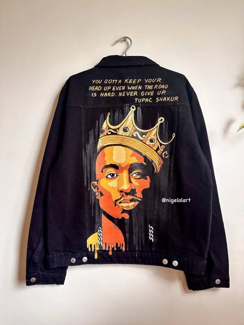 Painted denim jacket rapper Tupac Shakur Jeans jacket Portrait Personalized - 女大衣/外套 - 棉．麻 多色