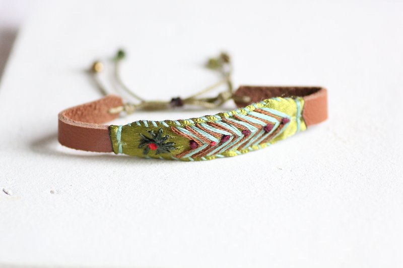 Seed bracelet - hand embroidered  seeds motif which dropped from flower - Bracelets - Polyester Green