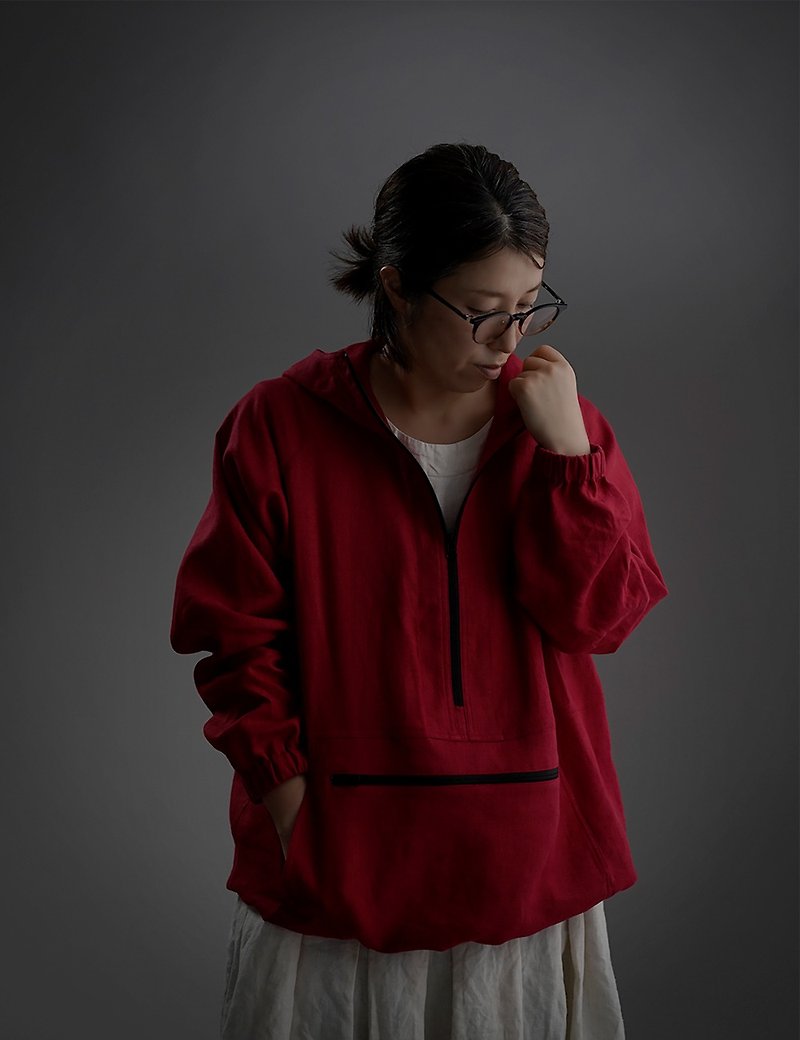 wafu Linen hoodie / outer wear / long sleeves / red h053b-red2 - Women's Casual & Functional Jackets - Cotton & Hemp Red