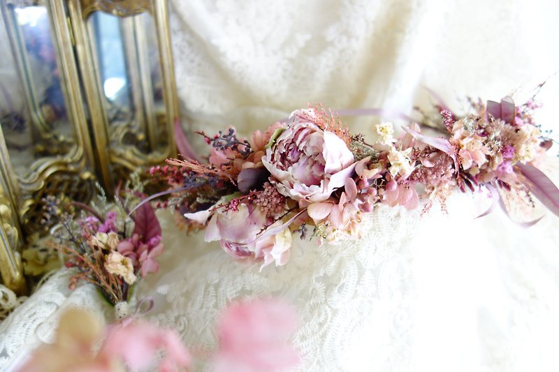 婚禮花飾系列~深粉乾燥牡丹花環 - 髮夾/髮飾 - 紙 粉紅色