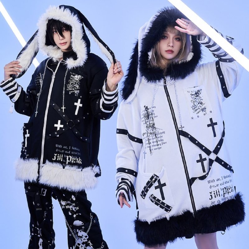 kawaii Punk heavy rock death pilgrimage bunny ear fur trim parka coat JJ2463 - เสื้อแจ็คเก็ต - ผ้าฝ้าย/ผ้าลินิน 