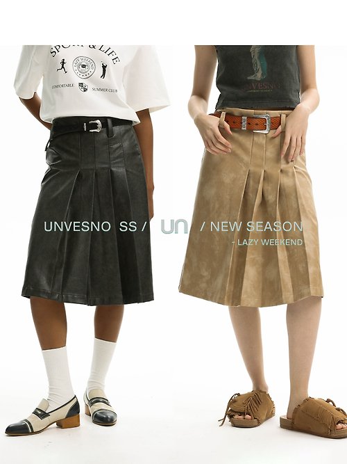 Unvesno Unvesno(UN)改良新中式馬面手工擦色做舊皮革半身裙A字百褶裙