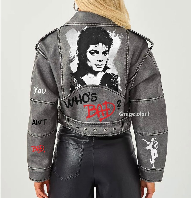 Painted leather jacket Who is bad? Michael Jackson Custom gift - 女大衣/外套 - 棉．麻 藍色