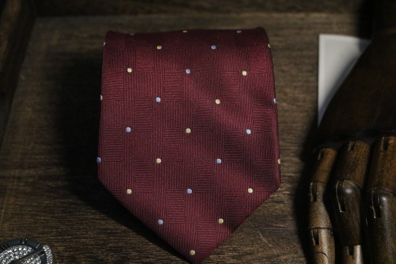 酒紅色提花方塊真絲領帶/婚禮新郎伴郎necktie - 領帶/領帶夾 - 絲．絹 紅色