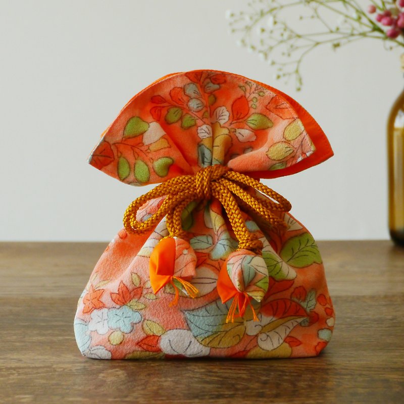 Happy Drawstring FUGURO Tsubakimoto Premium Silk - Toiletry Bags & Pouches - Silk Orange