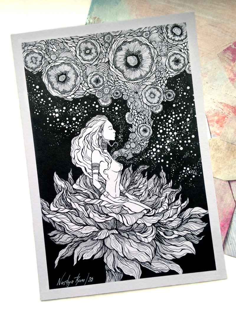 The Meditation drawing. Mandala drawing. Girl and flower drawing. - 海報/掛畫/掛布 - 紙 黑色