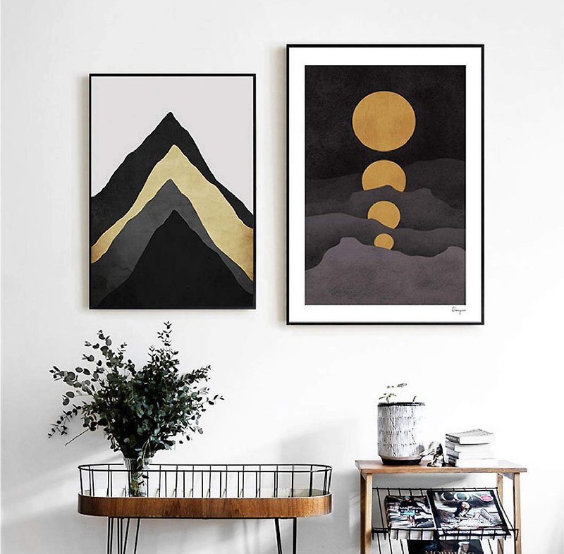 Mountain Peak Full Moon-Painting-Color Series-Gold - Posters - Cotton & Hemp Gold