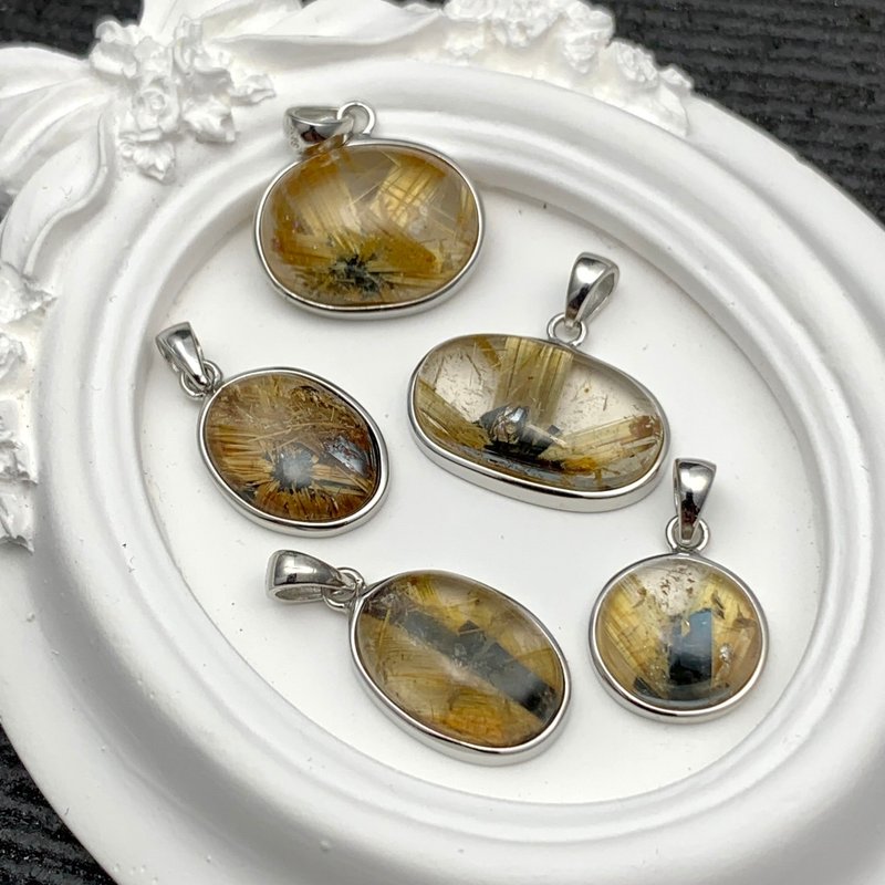 【莫名奇妙雜貨店】精品  帶母礦 鈦晶花 S925銀 項鍊 墜子 - 項鍊 - 純銀 金色