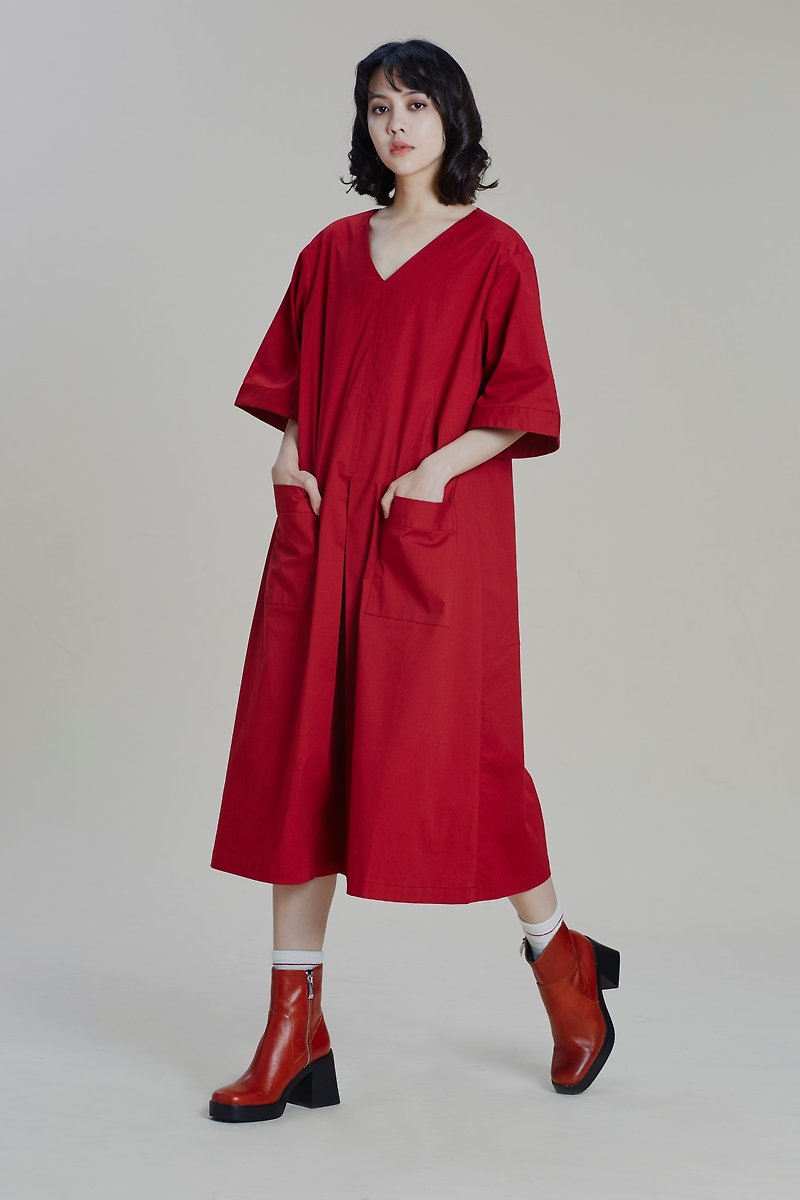 Shan Yong natural style loose A word red dress - ชุดเดรส - ผ้าฝ้าย/ผ้าลินิน 