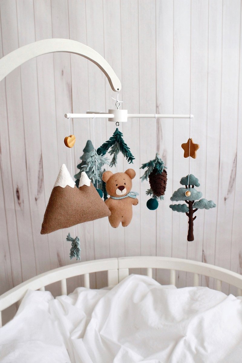 Bear in the coniferous forest felt baby crib mobile, Woodland nursery cot mobile - Kids' Toys - Eco-Friendly Materials Multicolor