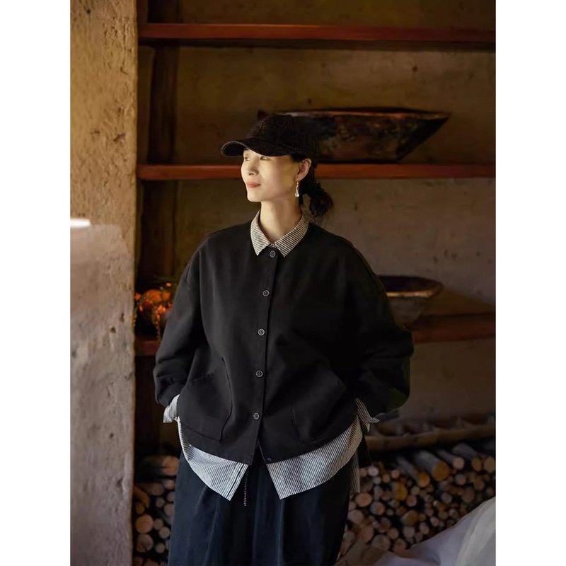炭黑色百搭圓領開門襟針織厚外套 - 女上衣/長袖上衣 - 棉．麻 
