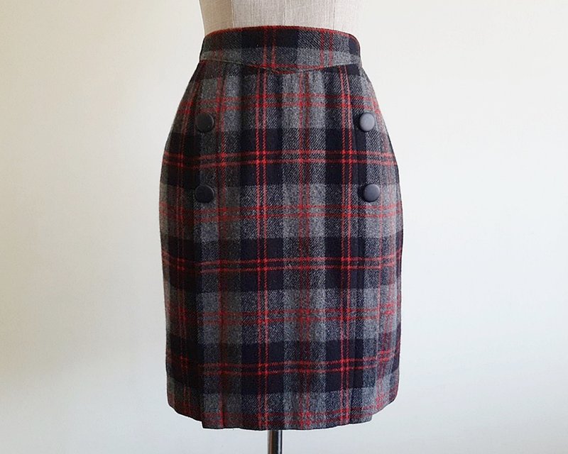 Vintage Gray Black Red Plaid Skirt - กระโปรง - วัสดุอื่นๆ 