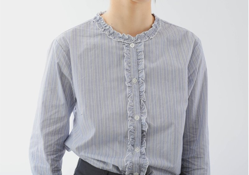 French Retro Gentleman Girl Lace Collar Striped Cotton Shirt - Women's Tops - Cotton & Hemp Blue