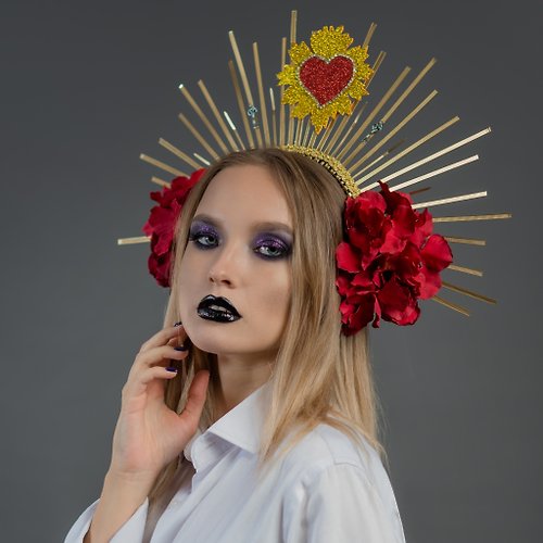 LepotaAccessories Gold halo headpiece Red rose flowers woman crown Spiked crystal Goddess cosplay