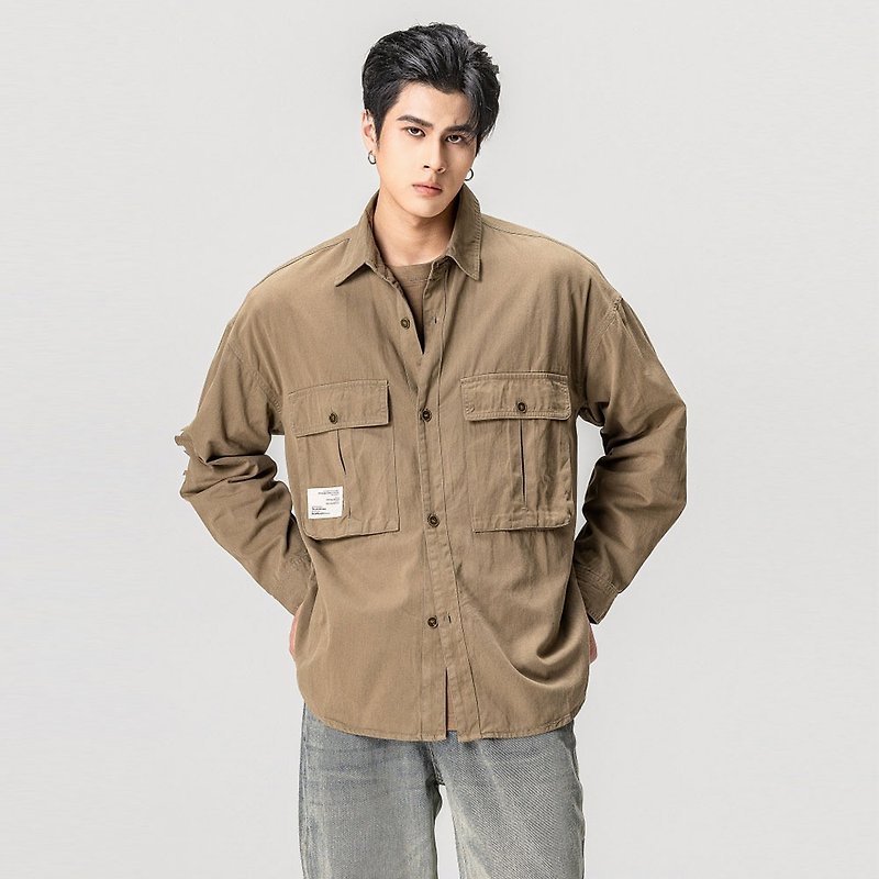Men lapel long sleeve shirt jacket jacket jacket - Men's Coats & Jackets - Other Materials 