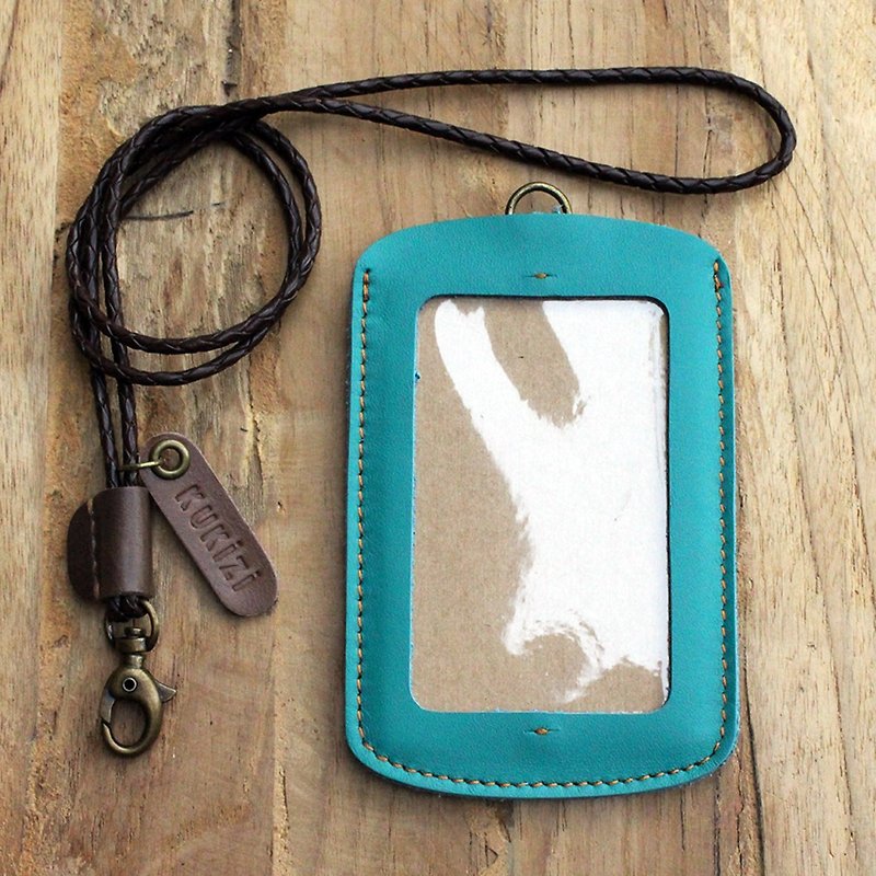 ID case/ Pass case/ Card case - ID 1 -- Turquoise + Dark Brown Lanyard - ที่ใส่บัตรคล้องคอ - หนังแท้ 