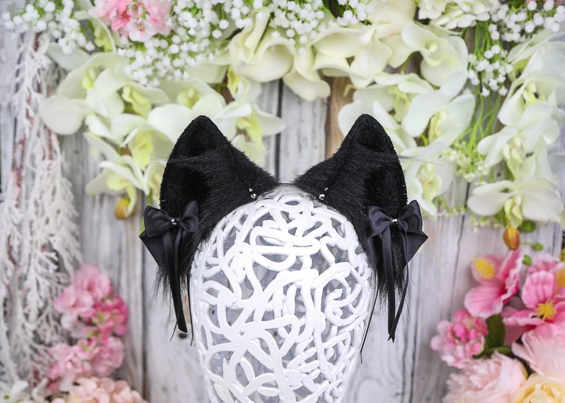 Black Fox Ears Faux Fur Ears Headband - 髮夾/髮圈 - 其他人造纖維 黑色