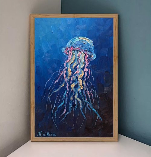 クラゲの絵 水中インパスト 油絵 オリジナルアート 深海のアート