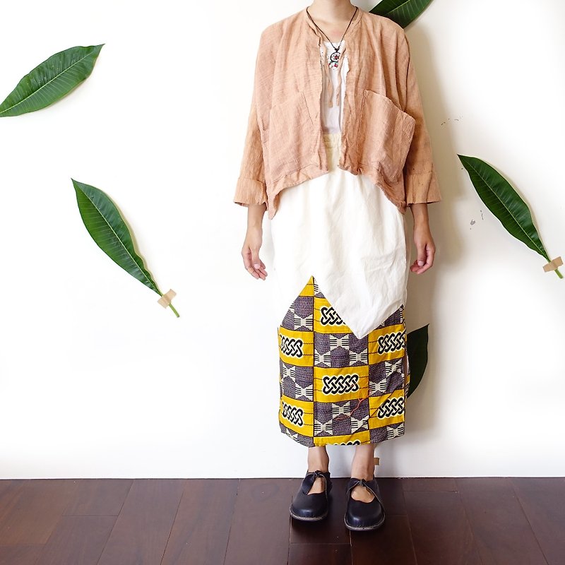 BajuTua / vintage / African national wind totem ginger Patchwork dress - Skirts - Cotton & Hemp Yellow