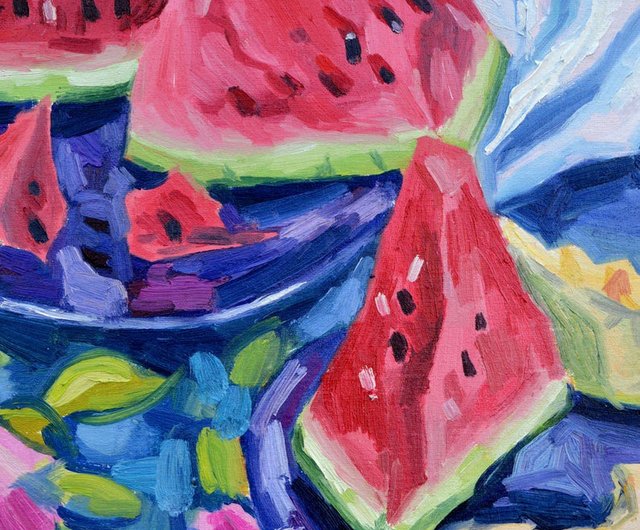 Fruits Flowers Still Life  Original Oil Painting Canvas of Watermelon White Jasmine Wall Decor Colorful Blooming Impressionist Art Gift