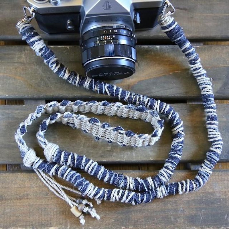相机背帯/デニム裂き布麻紐ヘンプカメラストラップ/2重リング/カスタム可能なギフト - 相機帶/腳架 - 棉．麻 藍色