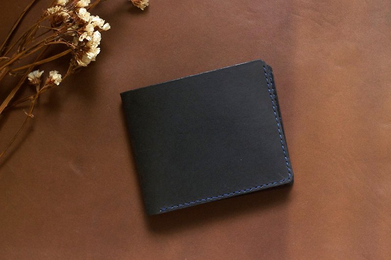 Color-matching stitching Italian black handmade vegetable tanned leather simple six-card short clip - Wallets - Genuine Leather Black