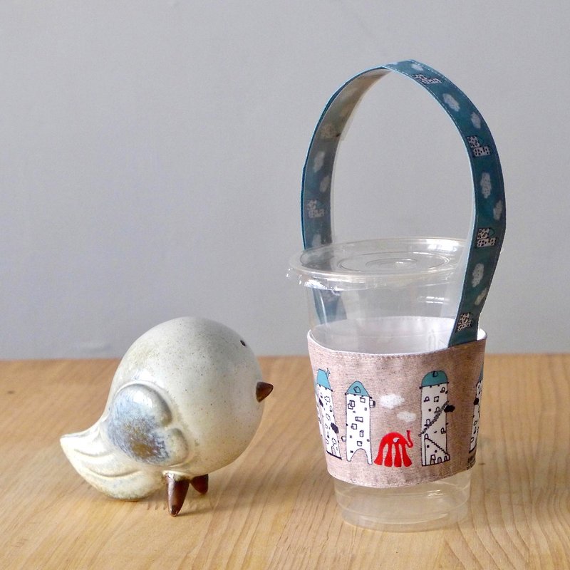 N131 environmental protection cup set white house illustration picture book town style - ถุงใส่กระติกนำ้ - ผ้าฝ้าย/ผ้าลินิน 