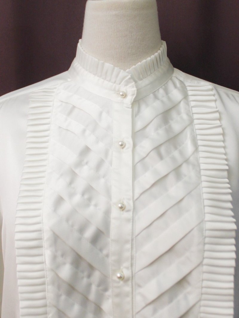 復古日本製典雅法式立領特殊剪裁白色寬鬆長袖古著襯衫 - 女襯衫 - 聚酯纖維 白色