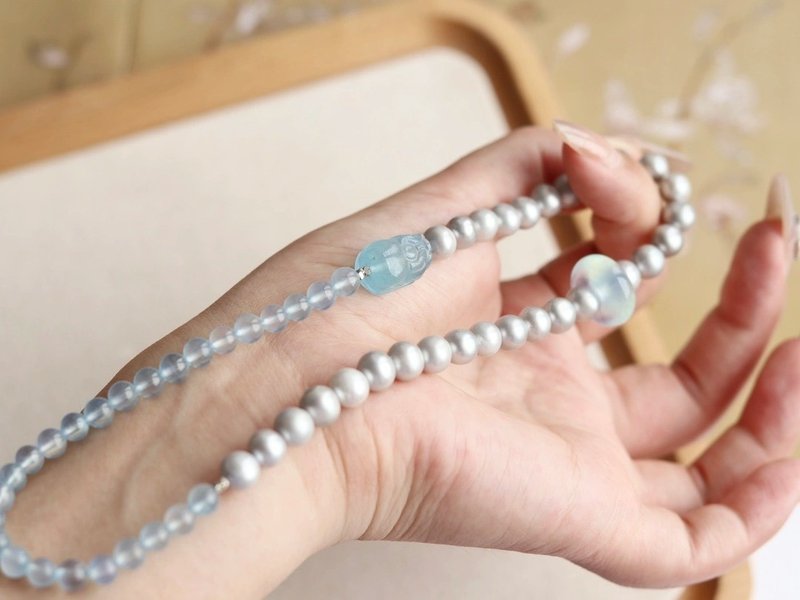 7mm Natural Gray Freshwater Pearl Aquamarine Pixiu Safety Buckle Design Double Circle Bracelet s - สร้อยข้อมือ - ไม้ ขาว