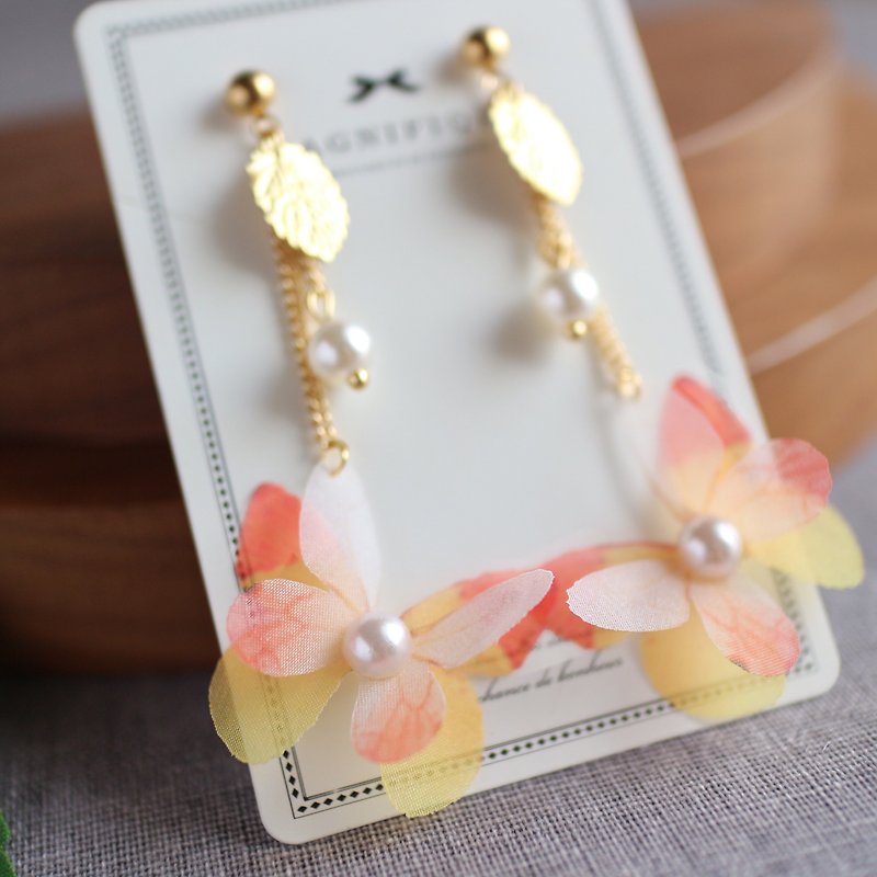 18kgf yellow orange flower butterfly earrings pearl dangle long earrings gift - ต่างหู - ผ้าไหม สีส้ม