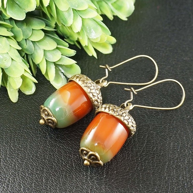 Red Orange Green Agate Acorn Forest Nature Woodland Statement Jewelry Earrings - ต่างหู - เครื่องประดับพลอย สีส้ม