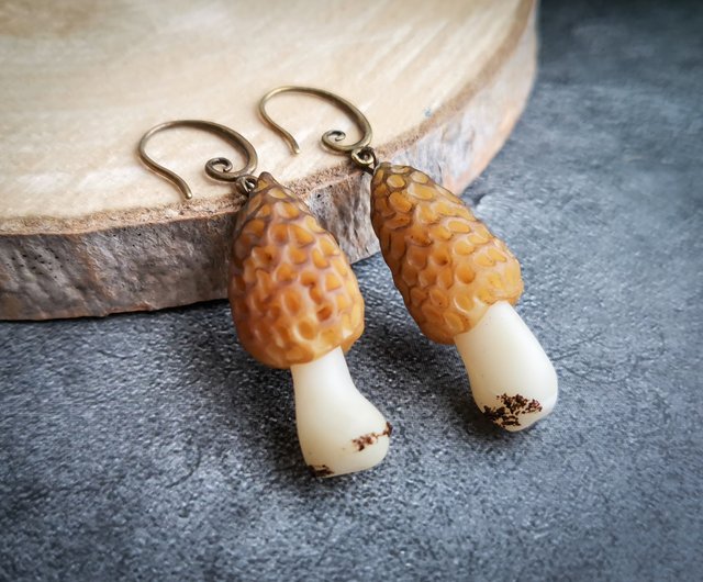 Morel mushroom earrings are weird funny quirky goblincore cottagecore jewelry Shop FRUIT STORIES Earrings Clip ons Pinkoi